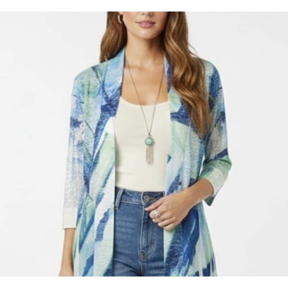 Impulse California‎ Medium Blue Abstract Artsy Open 3/4 Sleeve Knit Light Jacket